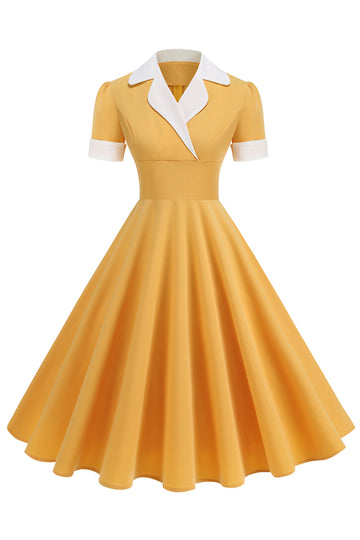 Vestido azul A Line V-Neck dos anos 1950 com mangas curtas